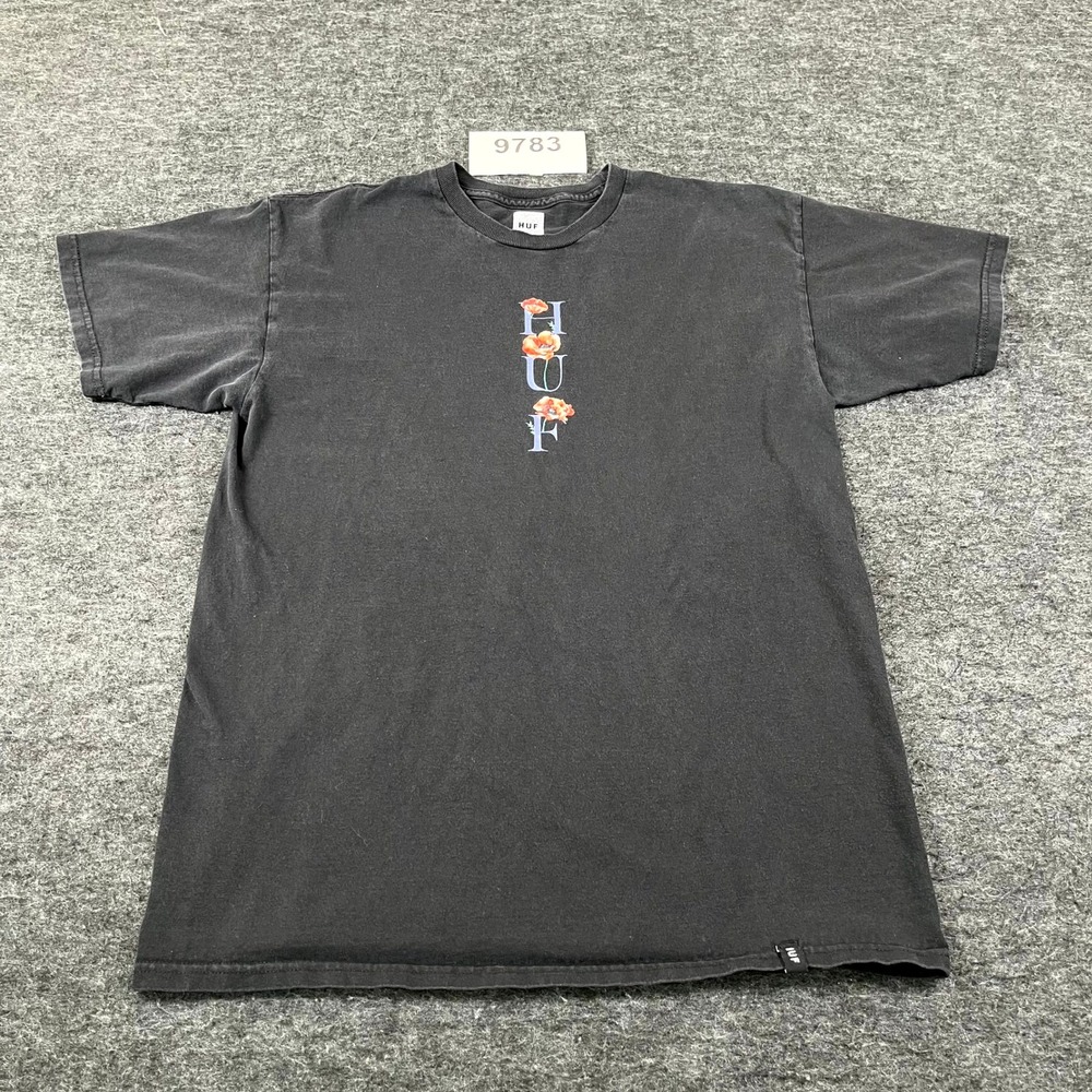 HUF Worldwide T Shirt Men Medium Black Floral Poppy Graphic Crew Neck Summer Tee